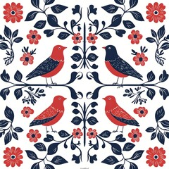 Obraz premium Scandinavian Folk Art Pattern with Symmetrical Birds, Red Florals, and Navy Accents seamless pattern