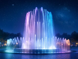 Fototapeta premium Mesmerizing Nighttime Fountain Display Illuminated with Colorful Lights Against a Starry Sky in a Tranquil Park Setting