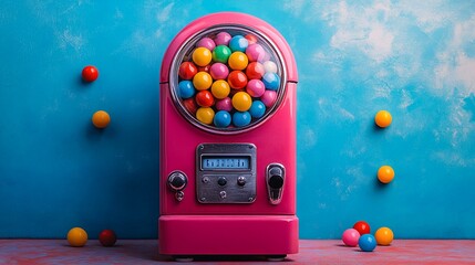 A classic gumball machine filled with colorful gumballs, with a few gumballs scattered


