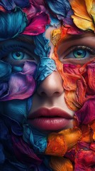 Obraz premium A woman's face is covered in colorful petals, giving the impression of a flower. Generative AI