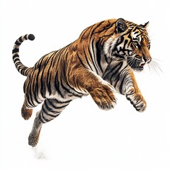 Obraz premium Tiger Pouncing on Prey with Powerful Agility Against Black and White Background