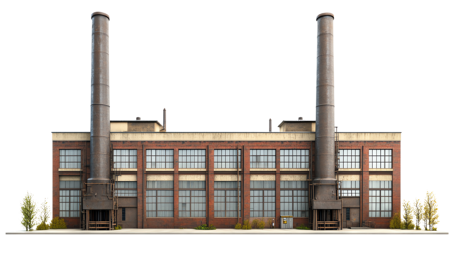 A large industrial building with smokestacks and large windows showcasing classic design.