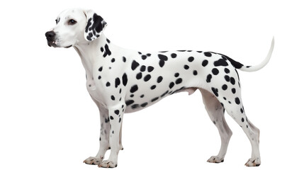 A playful Dalmatian dog standing gracefully with its distinct black spots.