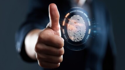 A picture of the hand showing the thumb. It looks like the thumb is in the process of biometric fingerprint scanning. There is a luminous digital fingerprint with a holographic effect on the thumb.