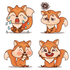 An adorable and lively illustration of a cartoon fox exhibiting various emotions such as joy, sadness, and frustration