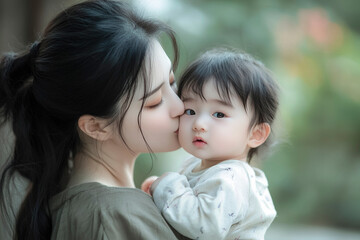Tender Moment with a Korean Mother Kissing Her Baby&rsquo;s Forehead in a Garden