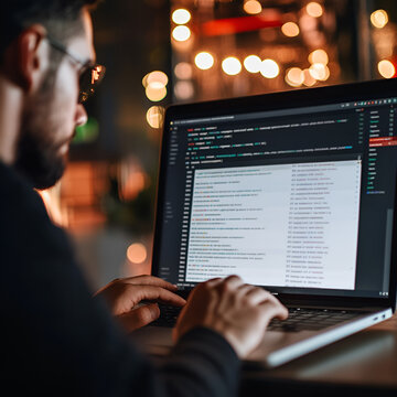 A man in glasses working on a laptop. The concept of working on a laptop, data entry, management, etc. In the background are evening lights.