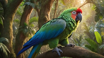 Obraz premium Colorful Parrot Perched on Tree Branch in Lush Tropical Jungle, Generative Ai