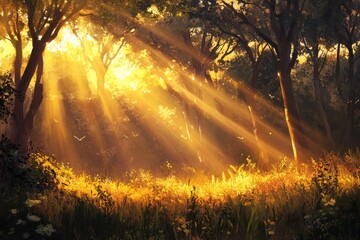 Obraz premium Sunbeams Illuminating a Forest Clearing with Golden Light