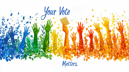 Symbolic representation civic engagement and voting features raised hands casting ballots and intertwined hands. Uplifting colors convey message hope and participation.