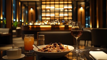Fototapeta premium A detailed close-up of a bowl of granola with clusters of oats, nuts, and dried fruit, arranged attractively with a spoon