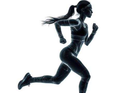 Dynamic silhouette of a female runner in motion, ideal for fitness themes and athletic promotions, emphasizing speed and agility.
