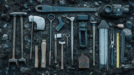 Collection of vintage tools and instruments arranged on dark ground.