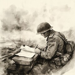 Soldier Writing Letter in World War I Trench