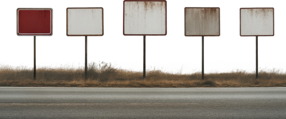 five blank weathered signs in row on roadside under overcast sky, concept of emptiness and disuse