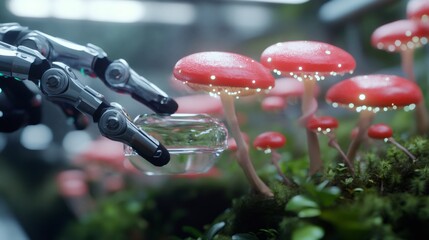 futuristic mushroom farm, cutting-edge mushroom farm utilizes robots to harvest medicinal mushrooms in a high-tech setup with glowing fungi