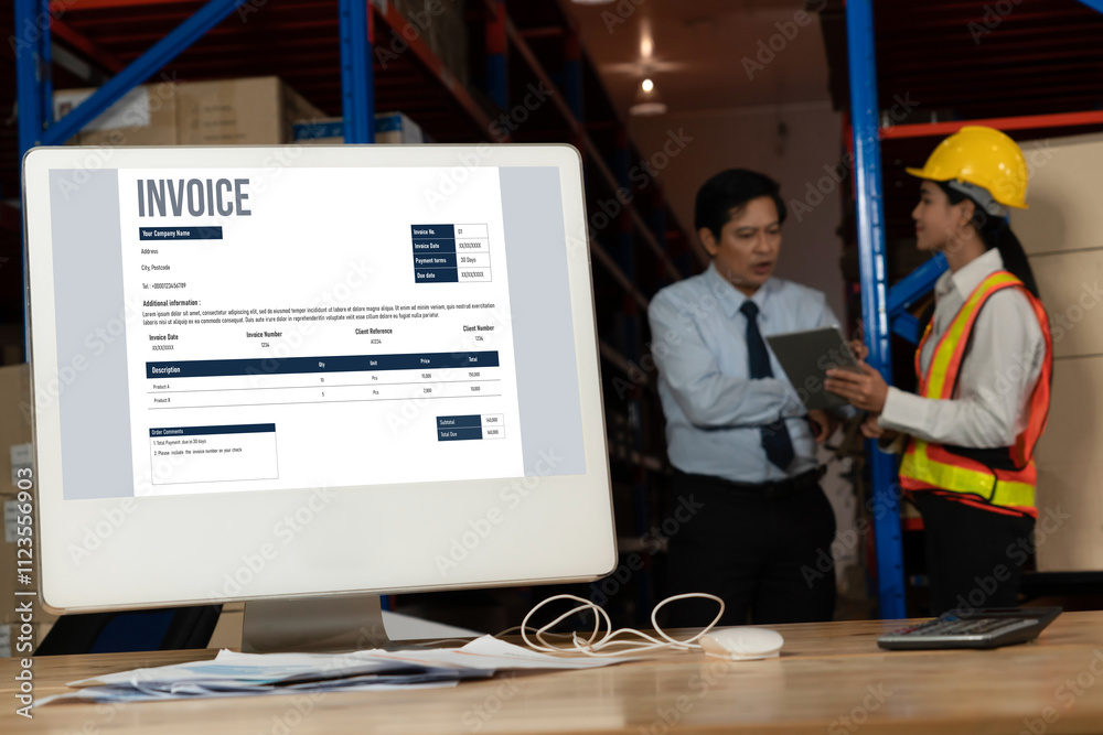 Poster invoice on computer screen from accounting application. computer program for financial and budget of
