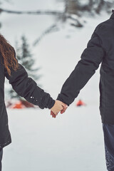 Young Couple in Love Walking Hand in Hand in Snowy Swiss Alps