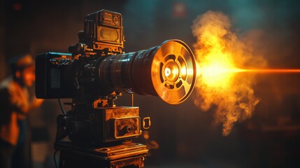 Fototapeta premium Cinematic lighting from a vintage film projector with a beam of light, capturing the essence of classic movie-making.