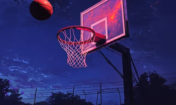 A basketball is about to enter a hoop against a vibrant twilight sky.