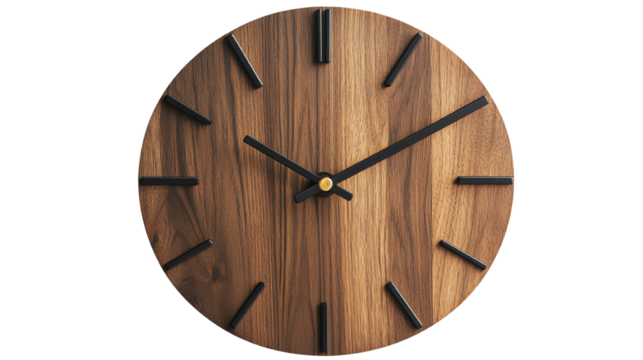 Elegant wooden wall clock with minimalist design and black hour markers.
