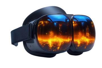 High-tech augmented reality glasses with vivid orange and blue reflective lenses on a white background.