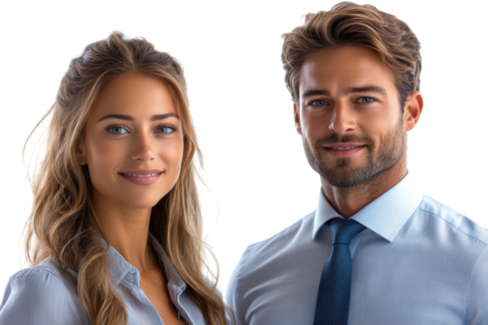 Portrait of a confident man and woman in professional attire smiling together against a white background.