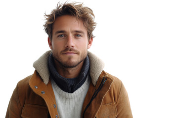 Obraz premium Portrait of a young man with a stylish brown jacket and cozy scarf against a white isolated background.