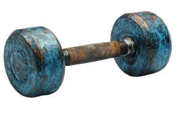 Rusty blue dumbbell isolated on a white background, ideal for fitness and exercise themes, showcasing wear and history in workout equipment.