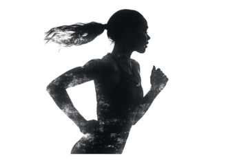 Silhouette of a female runner in motion, dynamic pose highlighting athleticism and determination against a white background.
