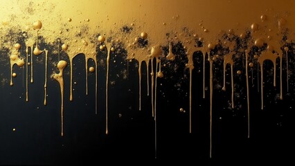 Crimson chaos. An array of scattered gold paint drips over a pristine black background, each drip rendered with high precision and clarity, free from noise and in 4K.