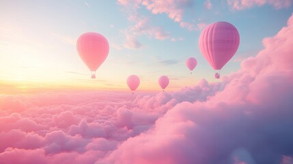 Obraz premium Pink Hot Air Balloons Soaring Above a Dreamlike Cloudscape at Sunset