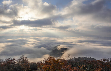 Different views and perspectives of a cloudy Autumn sunrise from the peak of Brasstown Bald, the highest mountain peak in Georgia, Located near Hiawassee, Georgia