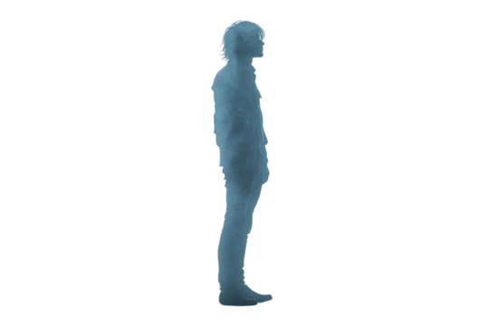 Silhouette of a standing person in a blue hue, isolated on a transparent background, representing introspection and solitude.