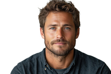 Obraz premium Smiling man with short hair and beard, wearing a casual shirt, against a white background, representing approachability and confidence.