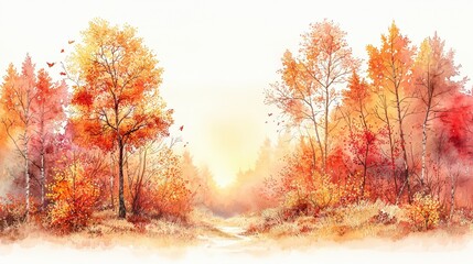 Obraz premium A tranquil autumn scene featuring vibrant foliage and a serene pathway, capturing the essence of nature's beauty during the fall season.