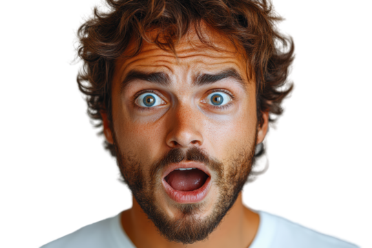 Surprised young man with curly hair and blue eyes expressing shock. Isolated on a white background.