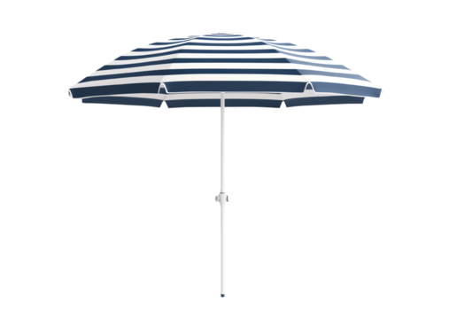 Beach umbrella with blue and white stripes, isolated on a white background.