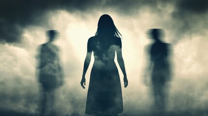 Abstract depiction of a love triangle with silhouettes of three individuals, the central figure gazing forward while the others appear blurred, set in a surreal atmosphere
