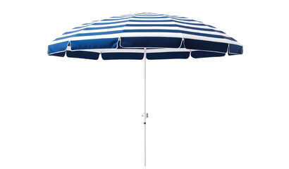 Blue and white striped beach umbrella with a sturdy pole, white isolate background.