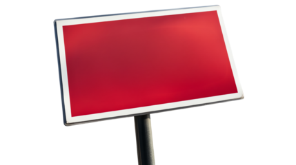 Blank billboard on a stick with a red background, isolated on white.