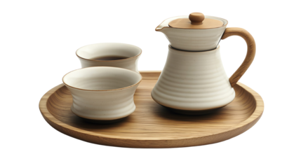 Ceramic tea set on a round wooden tray with two cups and a teapot.