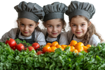Three cheerful girls in chef hats posing with a vibrant array of fresh vegetables, promoting healthy eating and culinary fun.