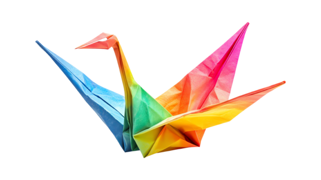 Colorful origami crane, vibrant paper art, white isolate background
