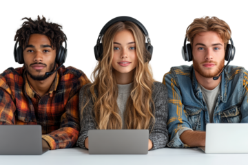 Three diverse individuals engaged in a virtual meeting with laptops and headsets, showcasing teamwork and collaboration in a modern workspace.