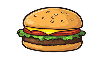 Delicious hamburger with sesame bun, lettuce, tomato, and cheese, on a white isolate background.