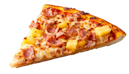 Delicious slice of pizza topped with ham and pineapple, isolated on white background.