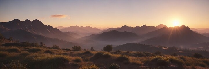The sun rises over the flat mountains casting a warm glow on the landscape , landscape photography, morning sun