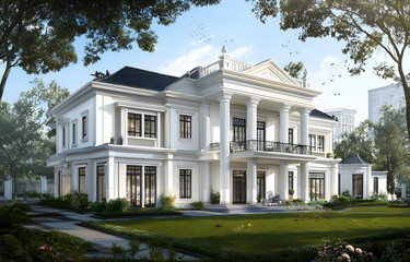 Obraz premium A two-story European-style villa with white walls and black tiles, front view, a large lawn in the yard, realistic rendering effect, architectural design renderings, architectural exterior design, ren