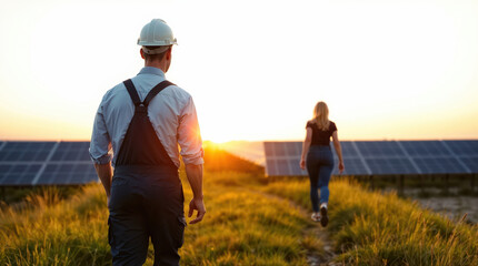 Fototapeta premium Engineers walking near solar panels at sunset in a field